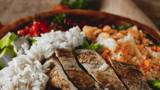 A bowl of sliced grilled chicken with rice and salad