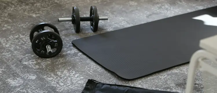 Two dumbbells and an exercise mat on a living room rug